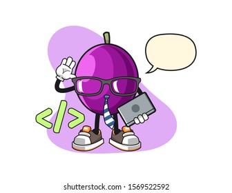 Passion fruit developer with speech bubble cartoon. Mascot Character vector.