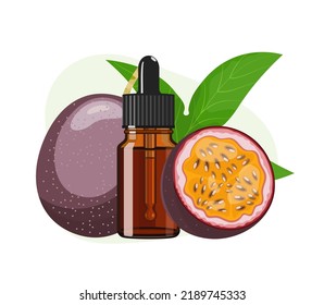 Passion fruit essential oil in brown glass bottle, herbal alternative medicine treatment product, vector Illustration on white background