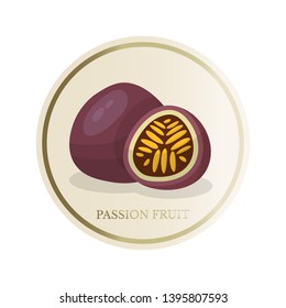 Passion fruit flat circle sticker. Sliced tropical exotic fruit vector illustration. Eco, organic homemade juice, jam patch. Fresh healthy vitamins rich food. Summer cocktails ingredient