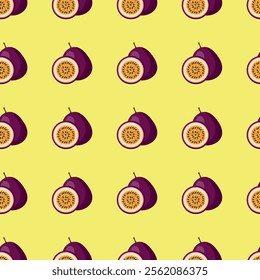 Passion Fruit flat seamless pattern on yellow background. Wrapping paper, gift card, poster, banner design. Home decor, modern textile print. Summer bright geometric fruits patterned.