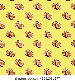 Passion Fruit flat seamless pattern on yellow background. Wrapping paper, gift card, poster, banner design. Home decor, modern textile print. Summer bright geometric fruits patterned.