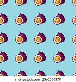Passion Fruit flat seamless pattern on blue background. Wrapping paper, gift card, poster, banner design. Home decor, modern textile print. Summer bright geometric fruits patterned.