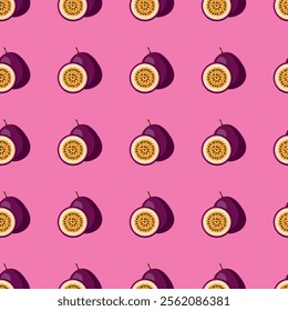 Passion Fruit flat seamless pattern on pink background. Wrapping paper, gift card, poster, banner design. Home decor, modern textile print. Summer bright geometric fruits patterned.