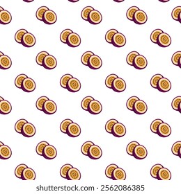 Passion Fruit flat seamless pattern on white background. Wrapping paper, gift card, poster, banner design. Home decor, modern textile print. Summer bright geometric fruits patterned.