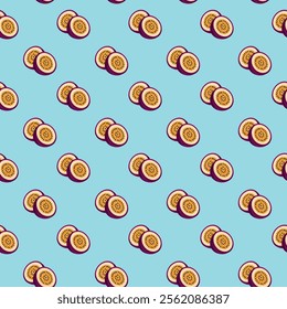 Passion Fruit flat seamless pattern on blue background. Wrapping paper, gift card, poster, banner design. Home decor, modern textile print. Summer bright geometric fruits patterned.