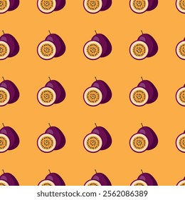 Passion Fruit flat seamless pattern on orange background. Wrapping paper, gift card, poster, banner design. Home decor, modern textile print. Summer bright geometric fruits patterned.