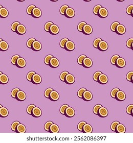 Passion Fruit flat seamless pattern on purple background. Wrapping paper, gift card, poster, banner design. Home decor, modern textile print. Summer bright geometric fruits patterned.