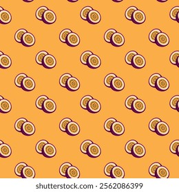 Passion Fruit flat seamless pattern on orange background. Wrapping paper, gift card, poster, banner design. Home decor, modern textile print. Summer bright geometric fruits patterned.