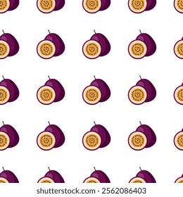 Passion Fruit flat seamless pattern on white background. Wrapping paper, gift card, poster, banner design. Home decor, modern textile print. Summer bright geometric fruits patterned.