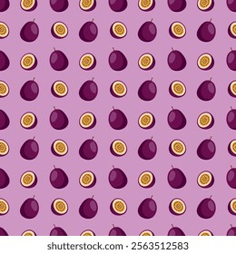 Passion Fruit flat seamless pattern on purple background. Wrapping paper, gift card, poster, banner design. Home decor, modern textile print. Summer bright geometric fruits patterned.