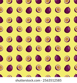 Passion Fruit flat seamless pattern on yellow background. Wrapping paper, gift card, poster, banner design. Home decor, modern textile print. Summer bright geometric fruits patterned.