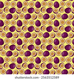 Passion Fruit flat seamless pattern on yellow background. Wrapping paper, gift card, poster, banner design. Home decor, modern textile print. Summer bright geometric fruits patterned.