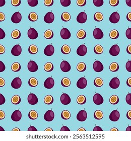 Passion Fruit flat seamless pattern on blue background. Wrapping paper, gift card, poster, banner design. Home decor, modern textile print. Summer bright geometric fruits patterned.