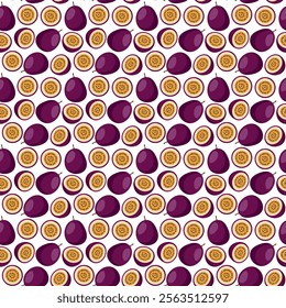 Passion Fruit flat seamless pattern on white background. Wrapping paper, gift card, poster, banner design. Home decor, modern textile print. Summer bright geometric fruits patterned.