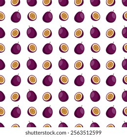 Passion Fruit flat seamless pattern on white background. Wrapping paper, gift card, poster, banner design. Home decor, modern textile print. Summer bright geometric fruits patterned.