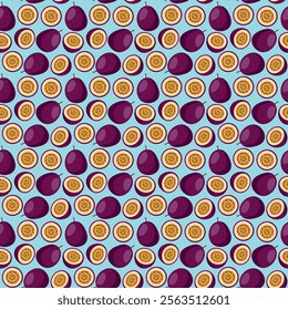 Passion Fruit flat seamless pattern on blue background. Wrapping paper, gift card, poster, banner design. Home decor, modern textile print. Summer bright geometric fruits patterned.