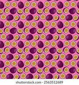 Passion Fruit flat seamless pattern on pink background. Wrapping paper, gift card, poster, banner design. Home decor, modern textile print. Summer bright geometric fruits patterned.