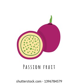 Passion fruit flat vector illustration. Cartoon slices of exotic, tropical fresh fruit. Clipart with typography. Isolated icon for healthy cooking menu, logo design element