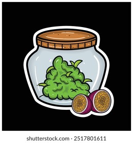 Passion Fruit Flavor With Cartoon Mascot of Weed Bud On Jar. For Sticker and label. Vector and Illustration.