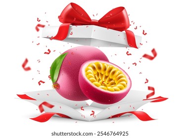 Passion fruit in a gift box with a red bow isolated on transparent background. Ripe purple passion fruit or passiflora edulis for package design. Realistic 3d Vector illustration of tropical fruits.