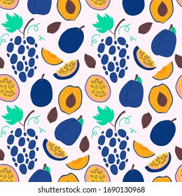 Passion fruit, grape, plum seamless pattern. Illustration of tropical plant.