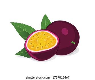 Passion fruit and half with leaf isolated on white background.Exotic fruit.[Maracuya].