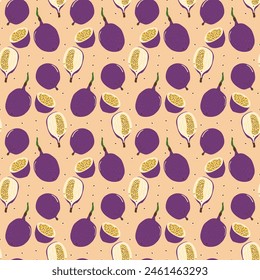 Mitad de fruta de la pasión y patrón sin costuras. Frutas tropicales de fondo sin fin de alimentos. Cubierta de repetición de bocadillos saludables. Exótico adorno de bucle vitamínico. Ilustración vectorial.