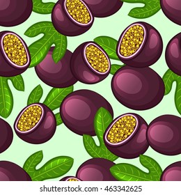 Passion fruit, halved and leaves. Seamless pattern. Vector illustration.