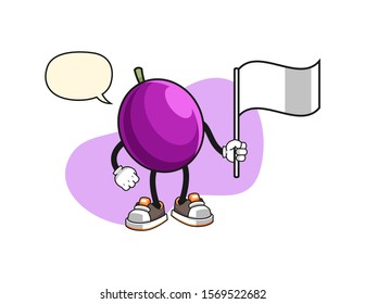 Passion fruit hold white flag with speech bubble cartoon. Mascot Character vector.