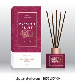 Passion Fruit Home Fragrance Sticks Abstract Vector Label Box Template. Hand Drawn Sketch Flowers, Leaves Background. Retro Typography. Room Perfume Packaging Design Layout. Realistic Mockup Isolated.