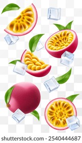 Passion fruit with ice cubes. Composition of fresh passiflora edulis with leaves. Whole fruit, half and slices of passion fruits, 3D realistic vector illustration isolated on transparent background.