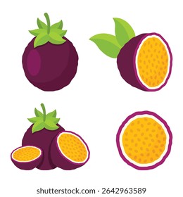Ícone de maracujá conjunto coleção em estilo plano. Ilustração do vetor de maracujá em fundo isolado. Natureza lanche assinar conceito de negócios.