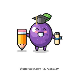passion fruit illustration cartoon is graduation with a giant pencil , cute style design for t shirt, sticker, logo element