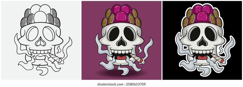 Passion Fruit Inside Skull Head With Smoking Character Cartoon. Black White, Colorful and Sticker Style. For T shirt print, Brand Logo, Label and Mascot product. Vectors Illustrations