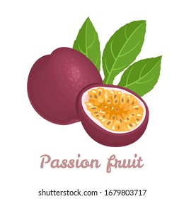 Passion fruit isolated on a white background. Fresh tropical fruit whole, half and green leaf. Vector food illustration in cartoon flat style.