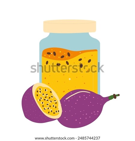 Passion fruit jam in jar. Tropical fruit bottle liquid food. Sweet healthy passion fruit homemade preserve. Vector illustration isolated on white background.