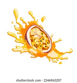 passion fruit juice cartoon. cut fresh, food tropical, slice exotic, half passionfruit, natural, maracuya, healthy juicy passion fruit juice vector illustration