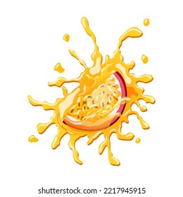 passion fruit juice cartoon. food fresh, tropical organic, splash passion, exotic ripe, diet cut, slice, half, juicy passion fruit juice vector illustration