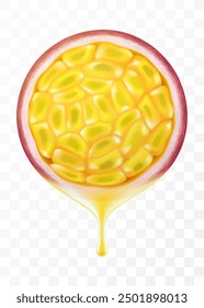 Passion fruit juice dripping from fresh sliced juicy passion fruit, isolated on transparent background. Ripe passion fruit or passiflora edulis. Realistic 3d Vector illustration of tropical fruits.