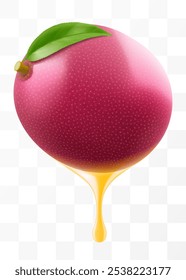 Passionsfruchtsaft, tropfend aus frischen, saftigen Passionsfrüchten, einzeln auf transparentem Hintergrund. Reife Passionsfrucht oder Passiflora edulis. Realistische 3D-Vektorgrafik von tropischen Früchten.