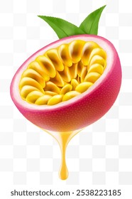 Jugo de fruta de la pasión que gotea de la rebanada fresca de fruta de la pasión jugosa, aislado en fondo transparente. Fruta de la pasión madura o passiflora edulis. Ilustración vectorial realista en 3D de frutas tropicales.