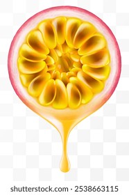 Passion fruit juice dripping from fresh slice juicy passion fruit, isolated on transparent background. Ripe passion fruit or passiflora edulis. Realistic 3d Vector illustration of tropical fruits.