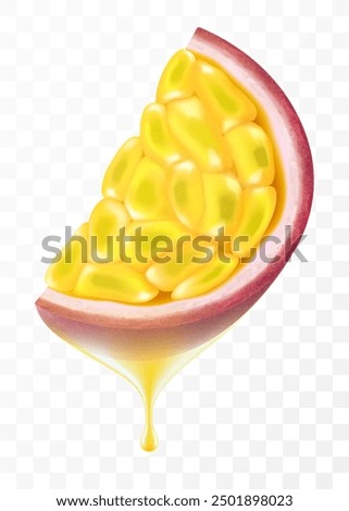 Passion fruit juice dripping from fresh sliced juicy passion fruit, isolated on transparent background. Ripe passion fruit or passiflora edulis. Realistic 3d Vector illustration of tropical fruits.