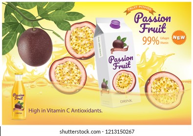 Passion fruit  juice splash Ads. Season sweet of tropical fruits. 3d realistic vector, Food concept design. of free space for your copy and branding.