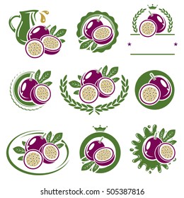 Passion fruit labels and elements set. Vector