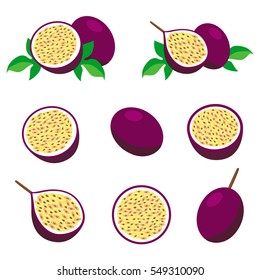 Passion fruit with leaves. Collection of different fresh passion fruit. 