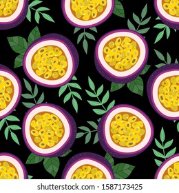 Passion fruit and leaves seamless pattern. Organic healthy fruit background. -Vector