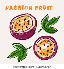 Passion fruit line art and color hand-drawn vector illustration. Rough crayon strokes doodle in an expressive loose coloring book style