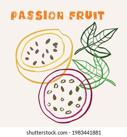 Passion Frucht Linie Kunst handgezeichnet mehrfarbige moderne Vektorgrafik. Farbige Linie Kunst exotische Frucht Design.