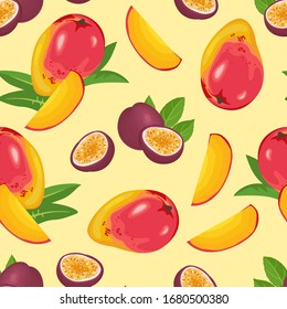 Passion fruit and mango on yellow background. Tropical fruits seamless pattern. Vector illustration of organic food in cartoon flat style.